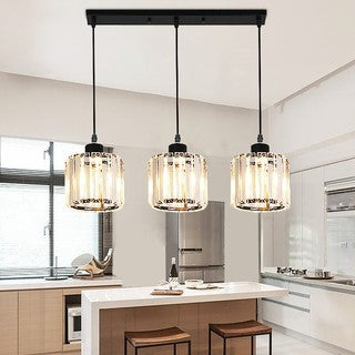 北歐輕奢水晶三頭吊燈 189｜按鈕 110-220V 5-10㎡ 可調高1.2m 黑/金/銀 長盤/圓盤 餐廳吧台書房 代客安裝