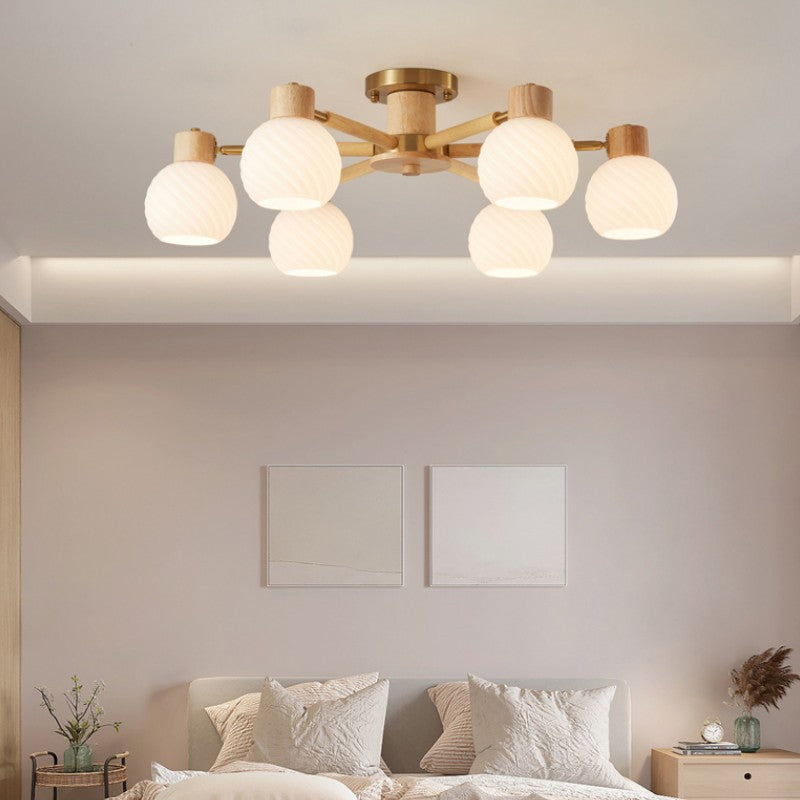 六頭螺紋玻璃木質吊燈