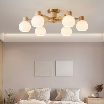 六頭螺紋玻璃木質吊燈