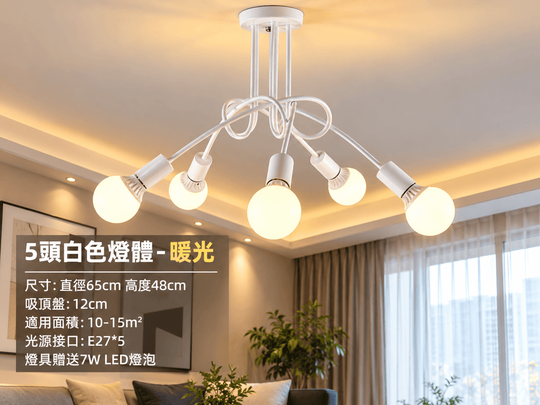 復古 Loft 工業風鐵藝吸頂燈｜彎管熱彎工藝｜黑/白色｜3/5/8頭｜可配 12W 燈泡｜高雄燈飾