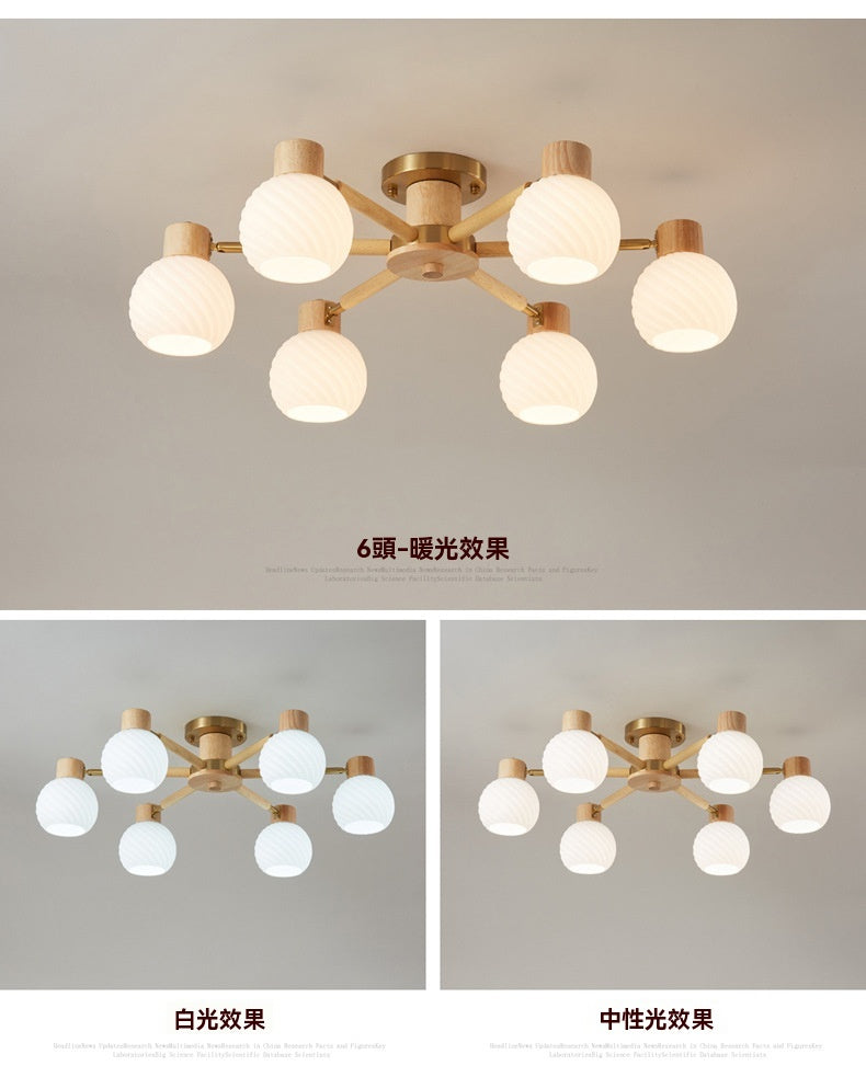 六頭螺紋玻璃木質吊燈